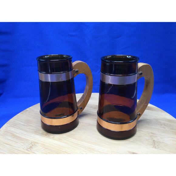 Siesta Ware Amber Brown Barrel Glass Beer Mug Wood Handle 2 - Picture 2 of 10